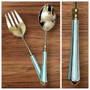 Vintage Serving Spoon & Fork Set Gold Tone Brass Handles MCM Hollywood Regency